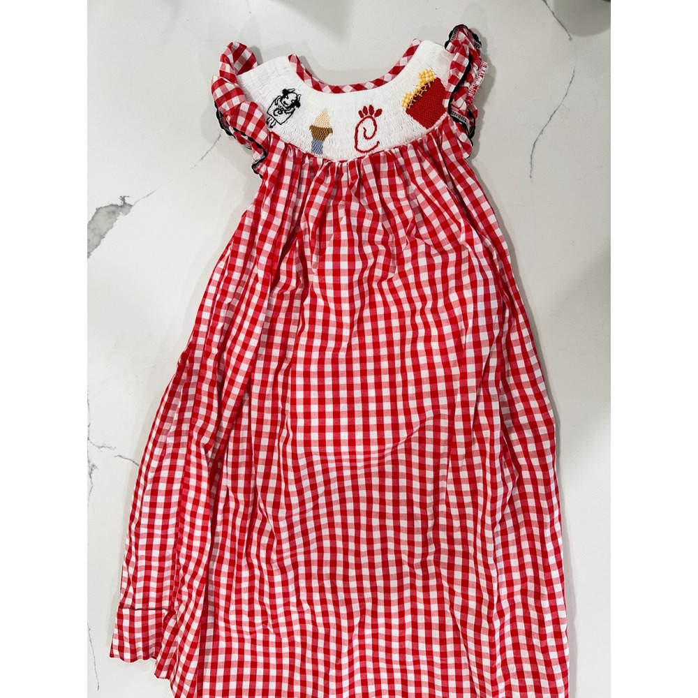 Red Gingham Smocked chic Fil A Dress Girls 5T Flutter Sleeve Cow Ice Cream Fries